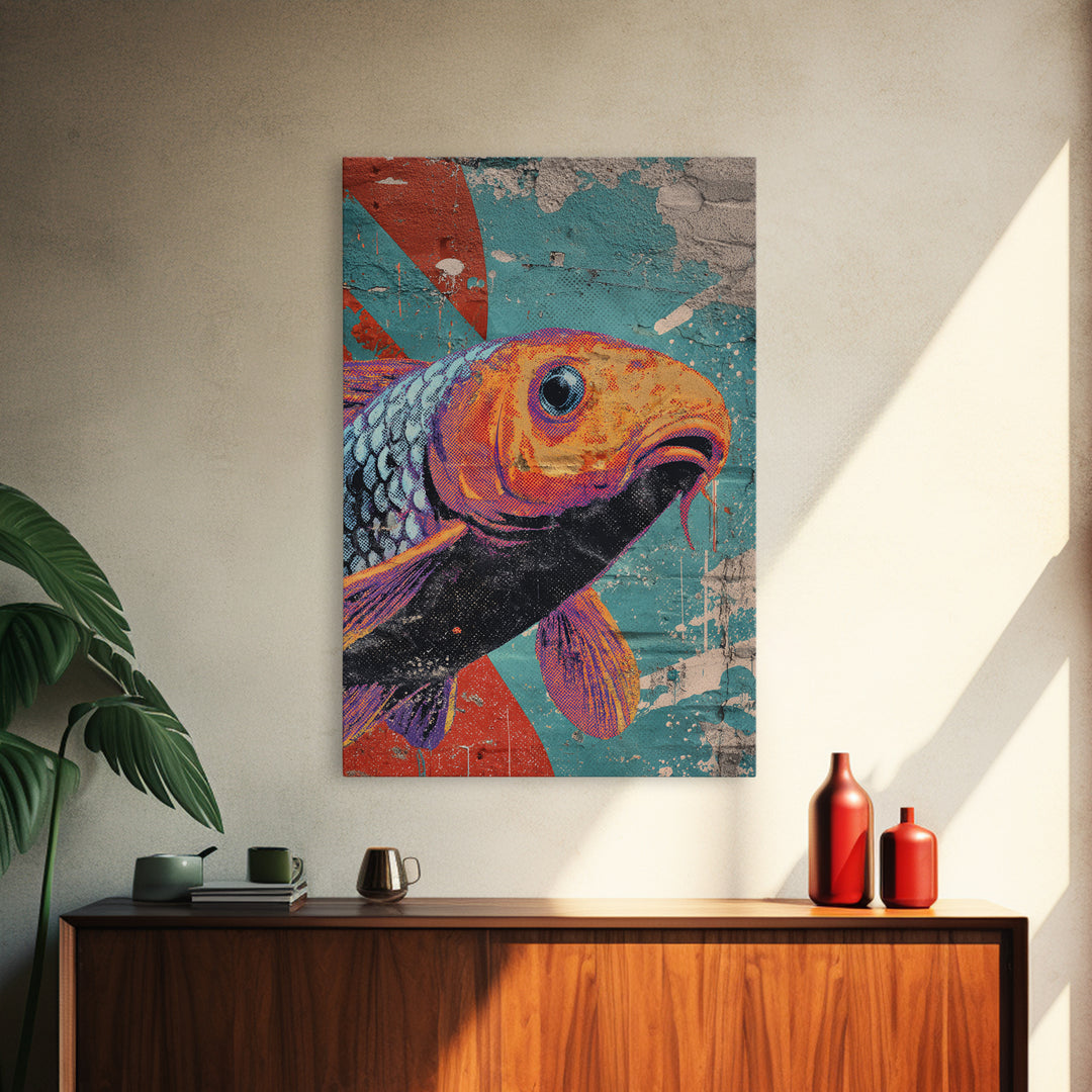Spray Painted Koi Fish on Brick Texture Framed Canvas Print, Graffiti Art, Living Room Decor, Watercolor Art, Street, GRF-2x3-48