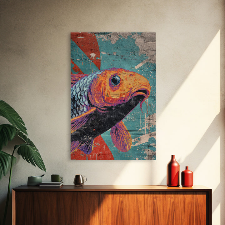 Spray Painted Koi Fish on Brick Texture Framed Canvas Print, Graffiti Art, Living Room Decor, Watercolor Art, Street, GRF-2x3-48
