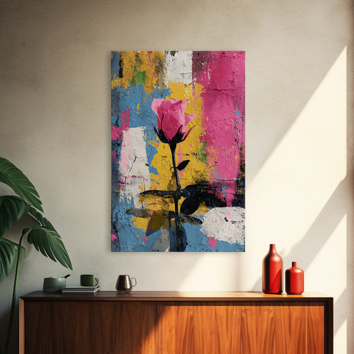 Graffiti Rose Blooming from Concrete Crack Framed Canvas Print, Graffiti Art, Original Art, Living Room Decor, Oil Painting, GRF-2x3-53
