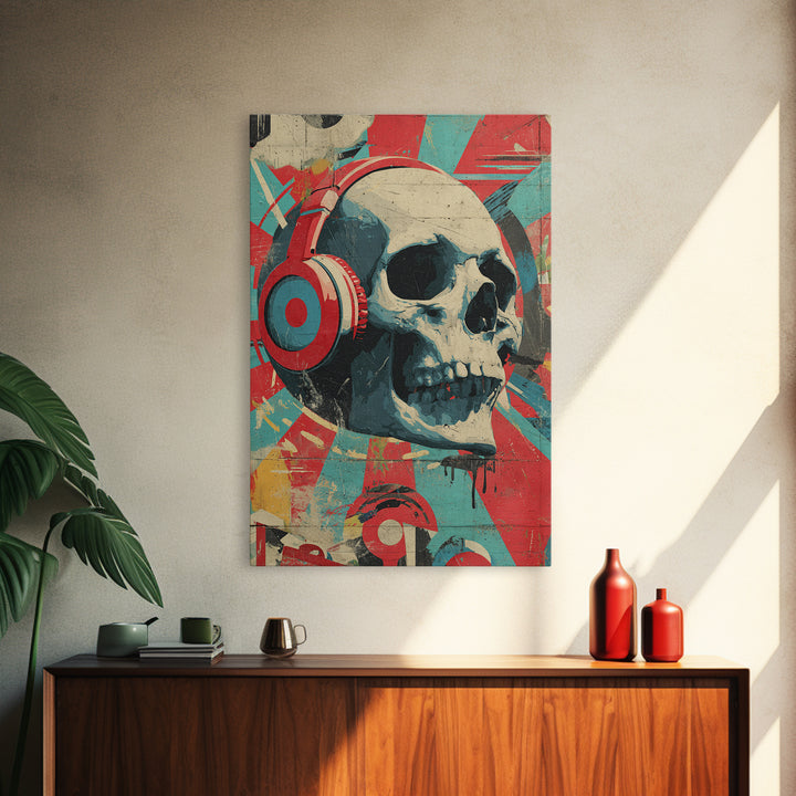 Skull and Headphones Mural Composition Framed Canvas Print, Graffiti Art, Wall Hangings, Living Room Decor, Fine Art, Street, GRF-2x3-55