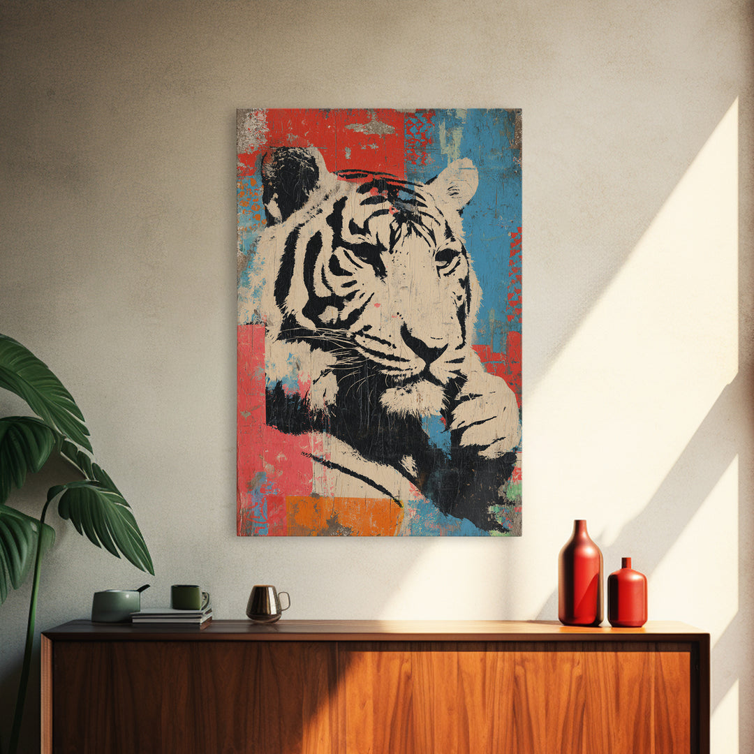 Urban Tiger Portrait Framed Canvas Print, Graffiti Art, Original Art, Living Room Decor, Oil Painting, Street, Boho Wall Decor, GRF-2x3-59