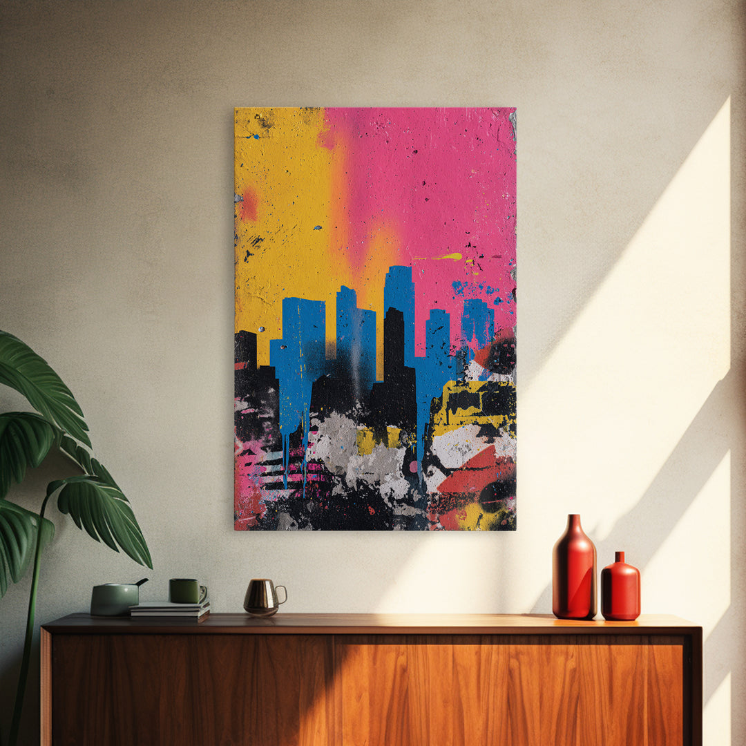 Paint Drips Forming a Skyline Silhouette Framed Canvas Print, Graffiti Art, Bedroom Decor, Living Room Decor, Abstract Art, GRF-2x3-69