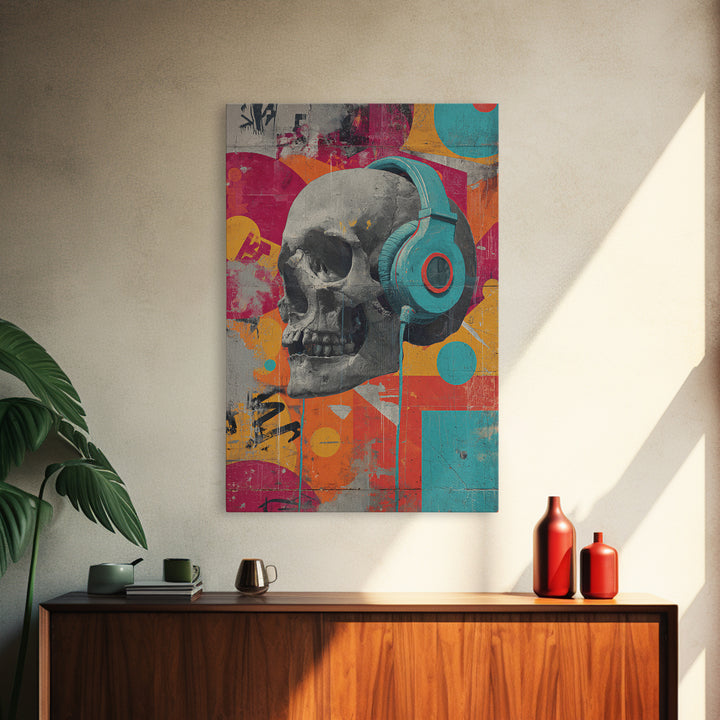 Skull and Headphones Mural Composition Canvas Print, Graffiti Art, Art Deco, Living Room Decor, Street, Wall Sculpture, GRF-2x3-79
