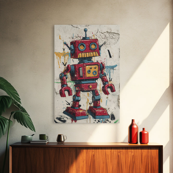 Cartoon Robot Character Framed Canvas Print, Graffiti Art, Large Wall Art, Living Room Decor, Fine Art, Street, Modern Wall Art, GRF-2x3-90