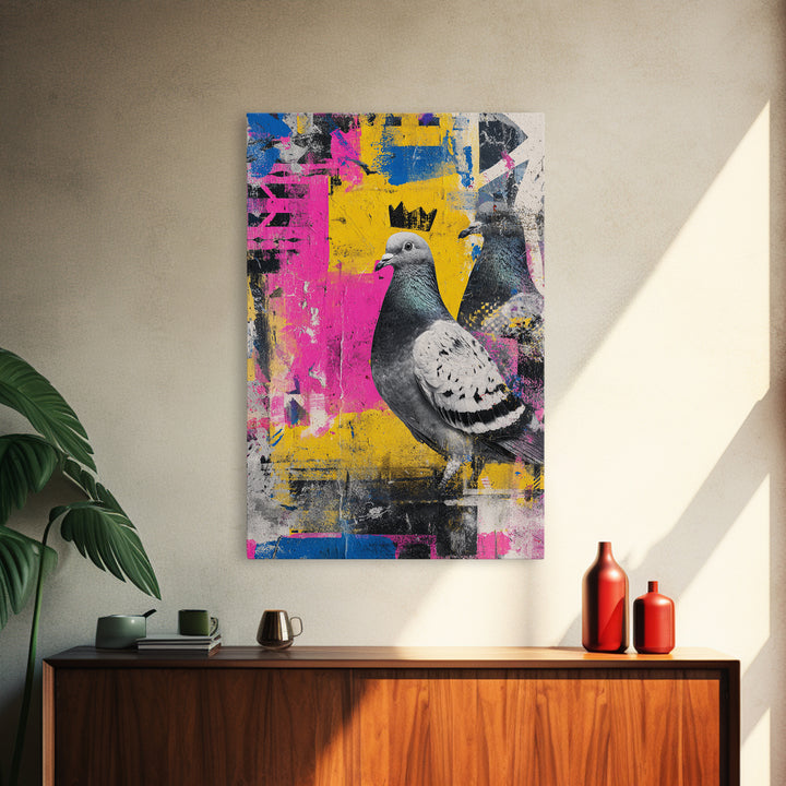 City Pigeon with Crown in Street Art Canvas Print, Graffiti Art, Graffiti, Living Room Decor, Fine Art, Street, GRF-2x3-91