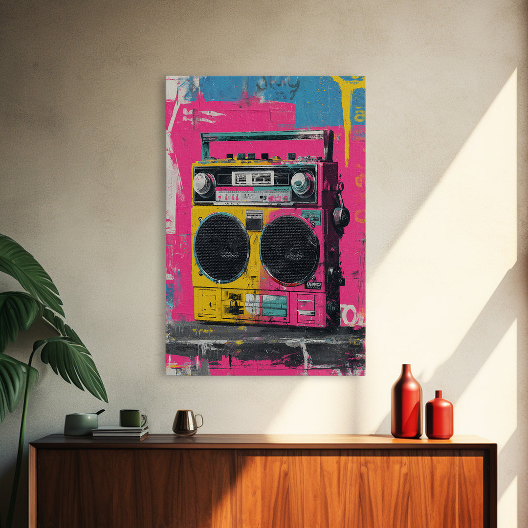 Boombox and Cassette Tape Framed Canvas Print, Graffiti Art, Art Deco, Living Room Decor, Fine Art, Street, Wall Sculpture, GRF-2x3-94