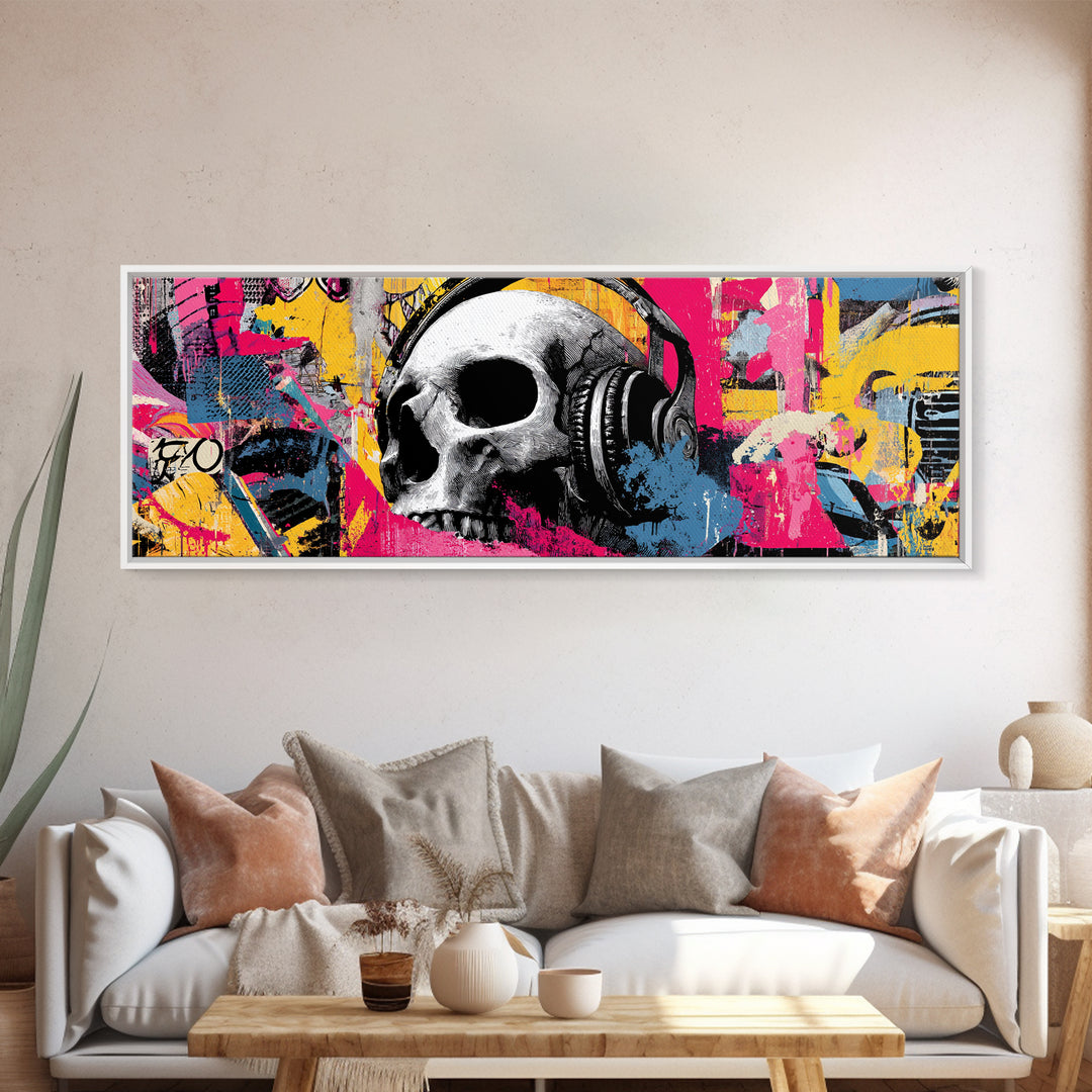 Skull and Headphones Mural Composition Framed Canvas Print, Graffiti Art, Gallery Decor, Living Room Decor, Fine Art, Street, GRF-3x1-15