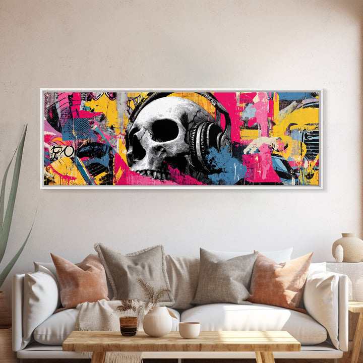 Skull and Headphones Mural Composition Framed Canvas Print, Graffiti Art, Gallery Decor, Living Room Decor, Fine Art, Street, GRF-3x1-15