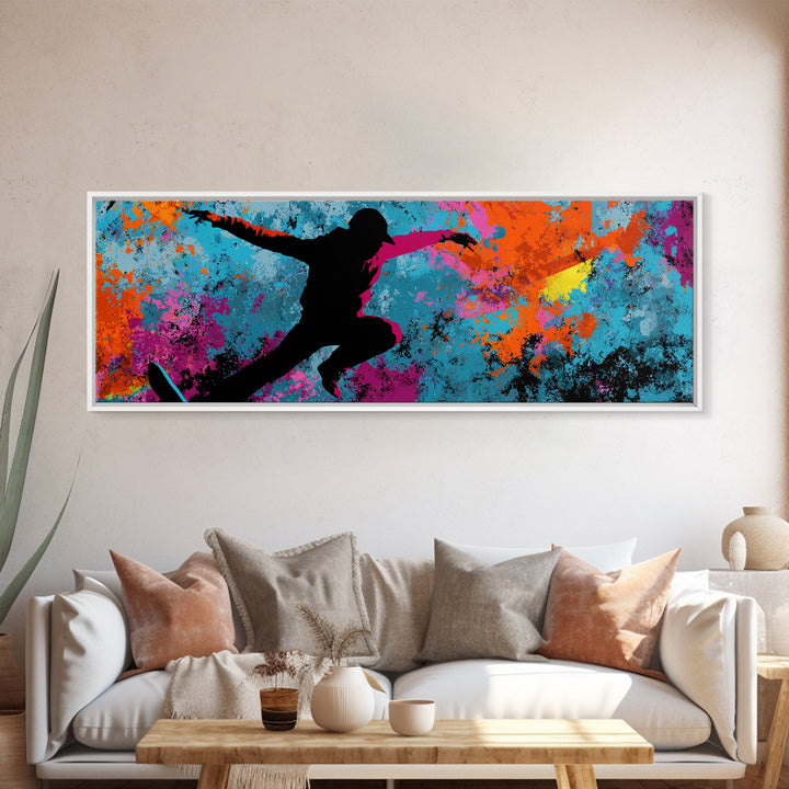 Breakdancer Silhouette over Bright Paint Splashes Canvas Print, Graffiti Art, Framed Art, Living Room Decor, Fine Art, Street, GRF-3x1-42