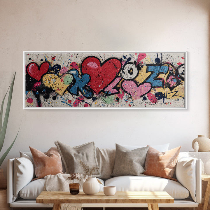 Neon Heart Painted on Cracked Concrete Texture Canvas Print, Graffiti Art, Digital Print, Living Room Decor, Fine Art, Street, GRF-3x1-46