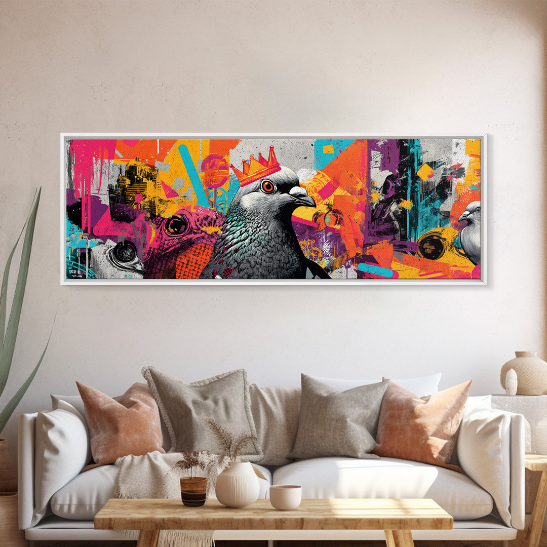 City Pigeon with Crown in Street Art Framed Canvas Print, Graffiti Art, Wall Hangings, Living Room Decor, Fine Art, Street, GRF-3x1-51