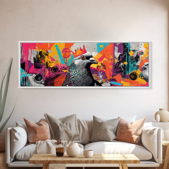 City Pigeon with Crown in Street Art Framed Canvas Print, Graffiti Art, Wall Hangings, Living Room Decor, Fine Art, Street, GRF-3x1-51