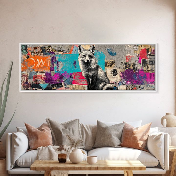 Urban Fox with Layered Sticker Collage Framed Canvas Print, Graffiti Art, Graffiti, Living Room Decor, Fine Art, Street, GRF-3x1-57