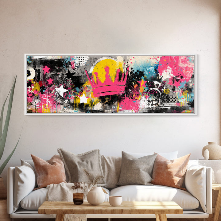 Abstract Crown and Stars Framed Canvas Print, Graffiti Art, Wall Decor, Living Room Decor, Abstract Art, Street, Canvas Art, GRF-3x1-59