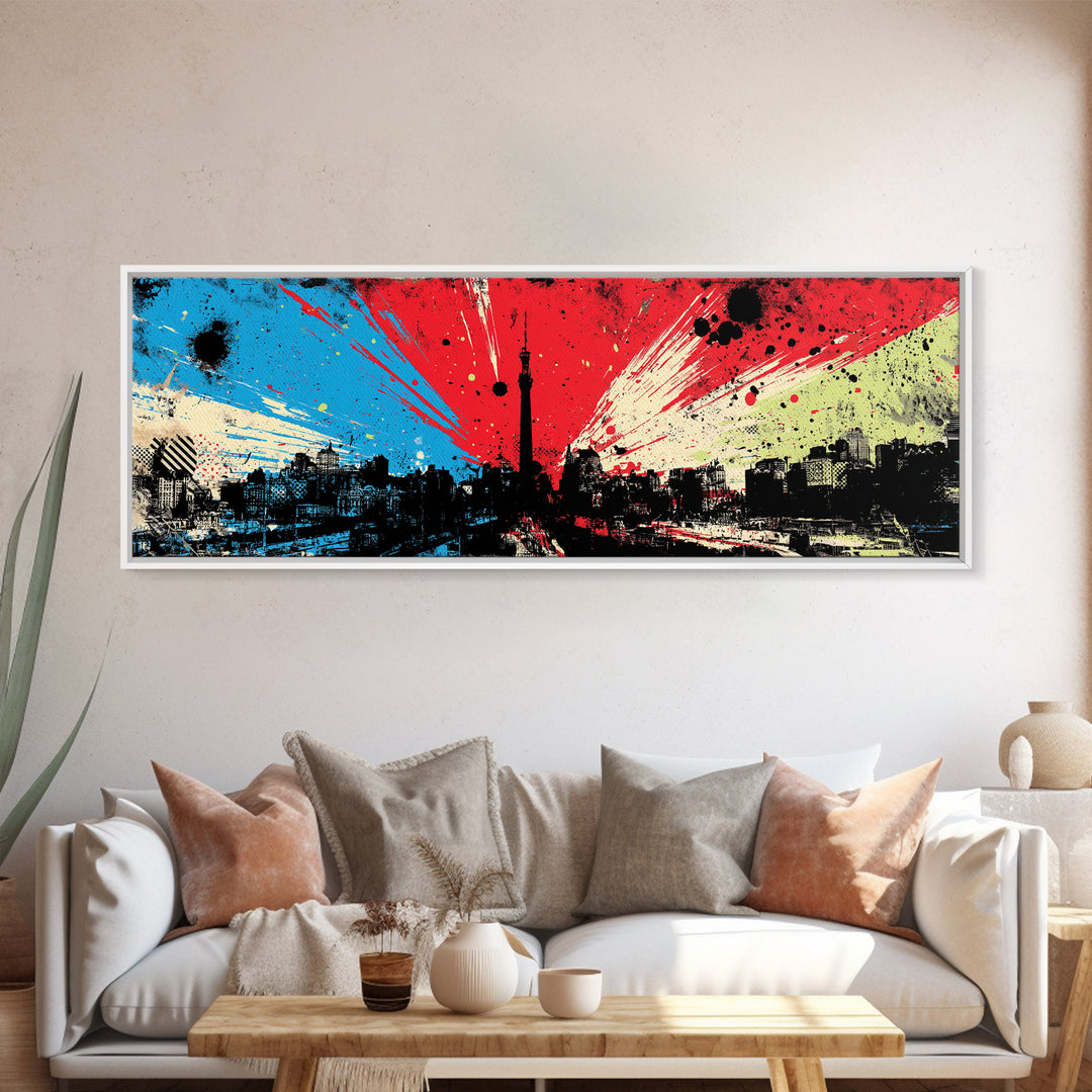 Paint Drips Forming a Skyline Silhouette Framed Canvas Print, Graffiti Art, Boho Wall Decor, Living Room Decor, Street, GRF-3x1-77