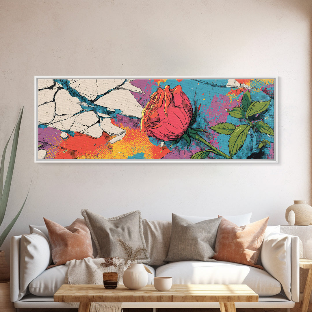 Graffiti Rose Blooming from Concrete Crack Canvas Print, Graffiti Art, Canvas Print, Living Room Decor, Oil Painting, Street, GRF-3x1-85