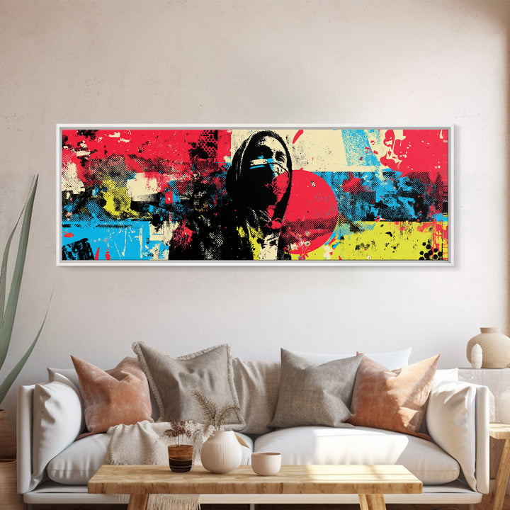 Masked Street Artist Silhouette Canvas Print, Graffiti Art, Canvas Wall Art, Living Room Decor, Watercolor Art, Street, GRF-3x1-86