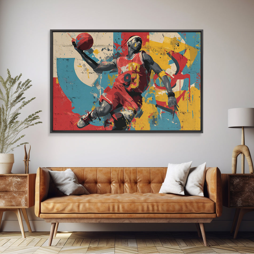 Basketball Player in Street Mural Energy Framed Canvas Print, Graffiti Art, Modern Wall Art, Living Room Decor, Street, GRF-3x2-24