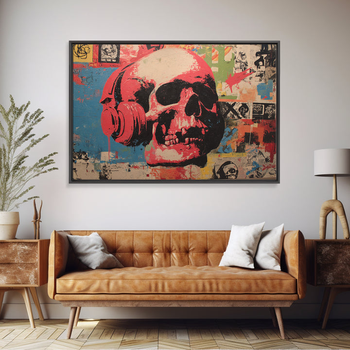 Skull and Headphones Mural Composition Framed Canvas Print, Graffiti Art, Gallery Decor, Living Room Decor, Fine Art, Street, GRF-3x2-27