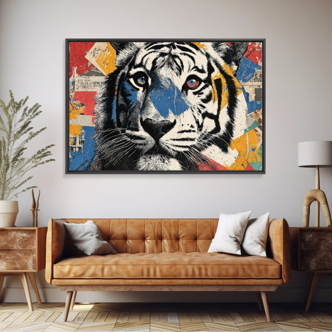 Urban Tiger Portrait Framed Canvas Print, Graffiti Art, Statement Artwork, Living Room Decor, Fine Art, Street, Wall Decor, GRF-3x2-31