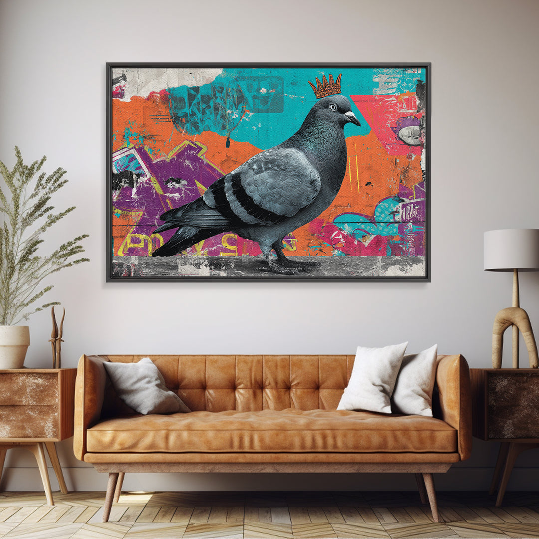 City Pigeon with Crown in Street Art Framed Canvas Print, Graffiti Art, Contemporary Art, Living Room Decor, Fine Art, Street, GRF-3x2-39