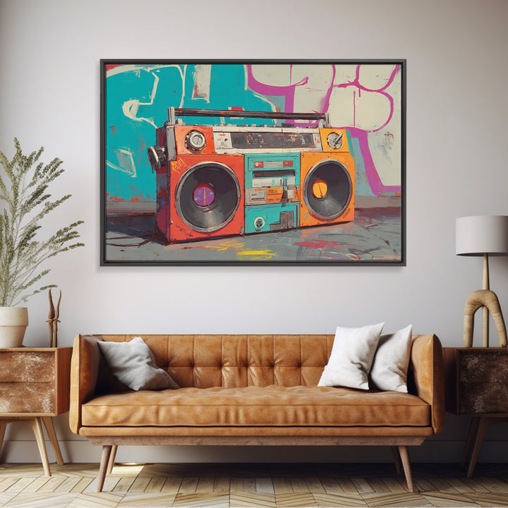 Boombox and Cassette Tape Canvas Print, Graffiti Art, Framed Art, Living Room Decor, Fine Art, Street, Neutral Decor, GRF-3x2-42