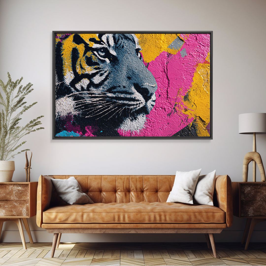 Urban Tiger Portrait Framed Canvas Print, Graffiti Art, Original Painting, Living Room Decor, Fine Art, Street, Unique Wall Art, GRF-3x2-7