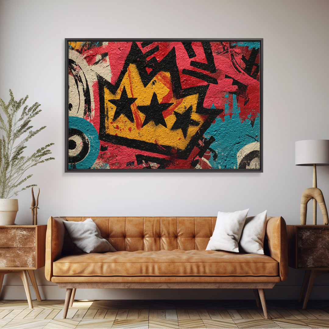 Abstract Crown and Stars Framed Canvas Print, Graffiti Art, Above Bed Decor, Living Room Decor, Abstract Art, Street, GRF-3x2-71