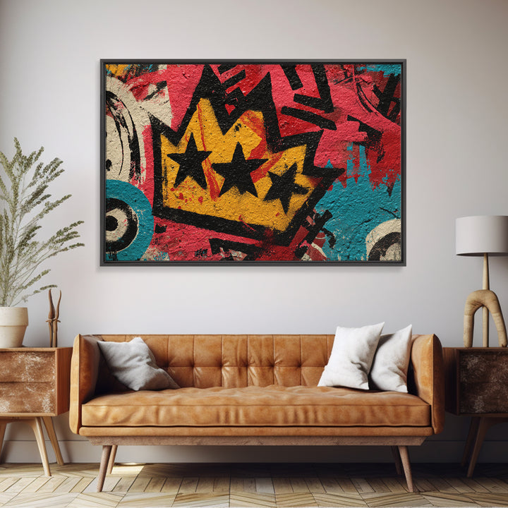 Abstract Crown and Stars Framed Canvas Print, Graffiti Art, Above Bed Decor, Living Room Decor, Abstract Art, Street, GRF-3x2-71
