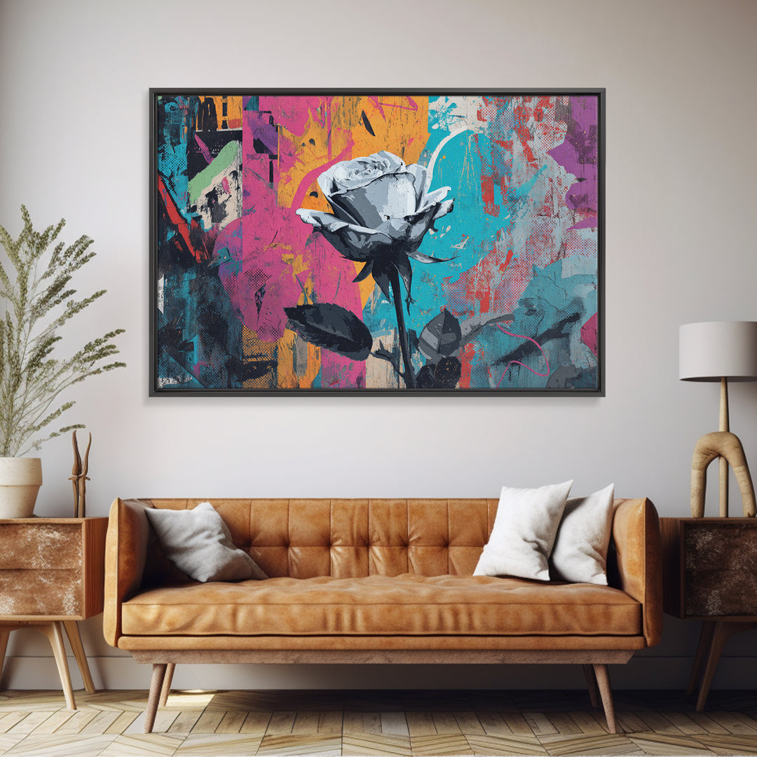 Graffiti Rose Blooming from Concrete Crack Canvas Print, Graffiti Art, Neutral Decor, Living Room Decor, Fine Art, Street, GRF-3x2-73