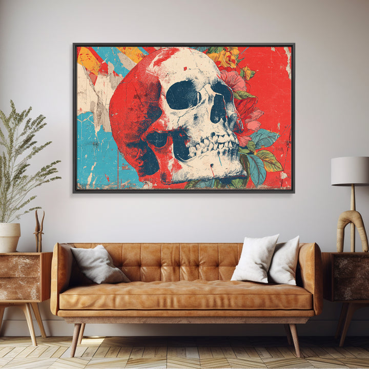 Street Mural Skull Framed Canvas Print, Graffiti Art, 3d Wall Art, Living Room Decor, Oil Painting, Street, Statement Artwork, GRF-3x2-9