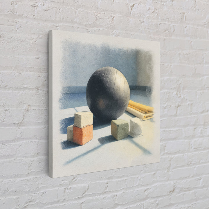 Medicine Ball and Chalk Still Life Framed Canvas Print, Gym Art, Wall Decoration, Gym Decor, Fine Art, Strength, Speakeasy Art, GYM-1x1-47