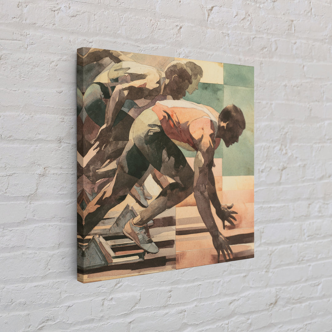 Sprinter Exploding from Starting Blocks Framed Canvas Print, Gym Art, Speakeasy Art, Gym Decor, Oil Painting, Strength, GYM-1x1-51