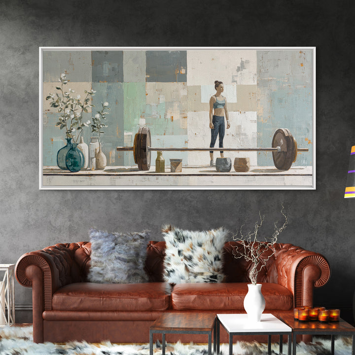Female Weightlifter with Triumphant Stance Framed Canvas Print, Gym Art, Boho Decor, Gym Decor, Oil Painting, Strength, GYM-2x1-27