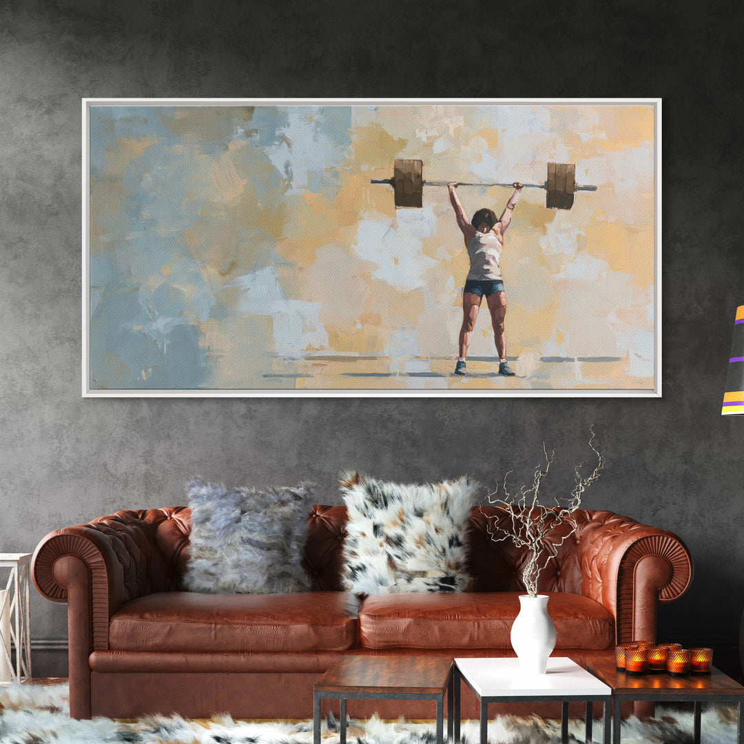 Female Weightlifter with Triumphant Stance Framed Canvas Print, Gym Art, Man Cave Decor, Gym Decor, Fine Art, Strength, GYM-2x1-3