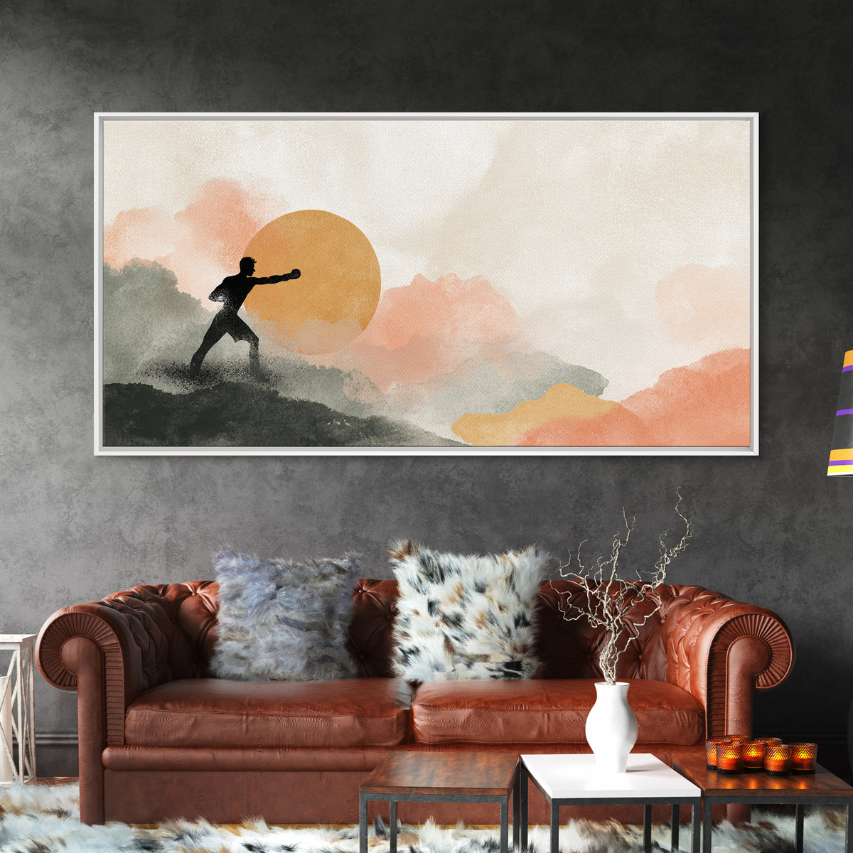 Powerful Boxer Silhouette Framed Canvas Print, Gym Art, Man Cave Decor, Gym Decor, Fine Art, Strength, Home Gym Decor, GYM-2x1-45