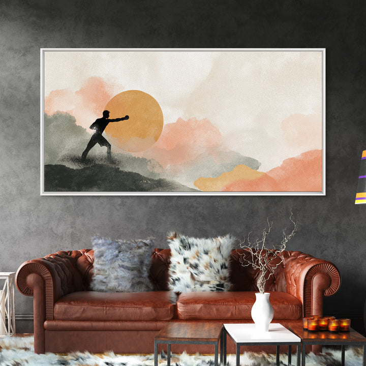 Powerful Boxer Silhouette Framed Canvas Print, Gym Art, Man Cave Decor, Gym Decor, Fine Art, Strength, Home Gym Decor, GYM-2x1-45