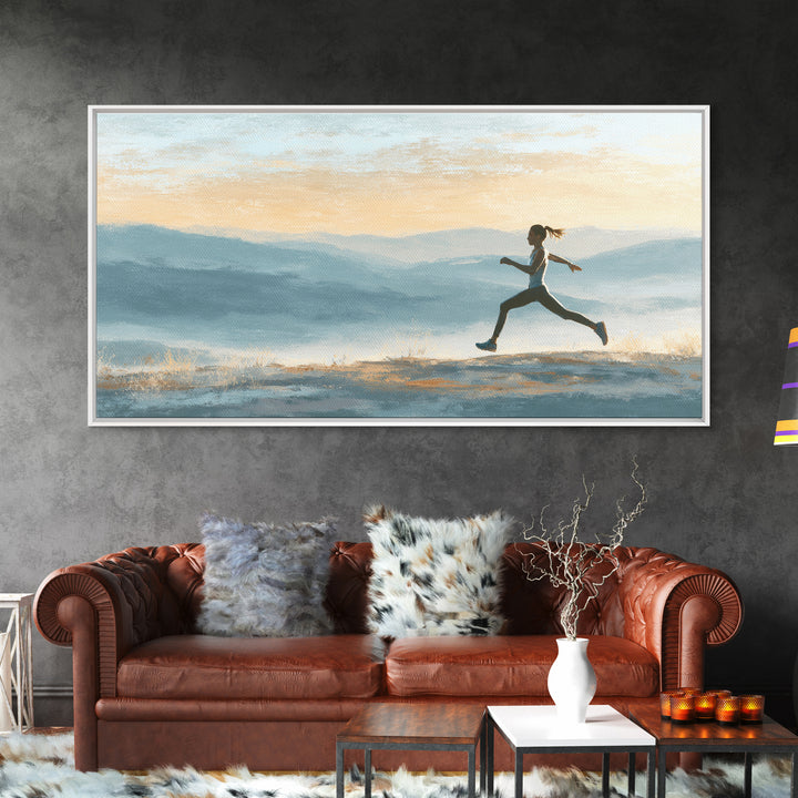 Runner on Mountain Ridge at Sunrise Framed Canvas Print, Gym Art, Canvas Wall Art, Gym Decor, Watercolor Art, Strength, GYM-2x1-56