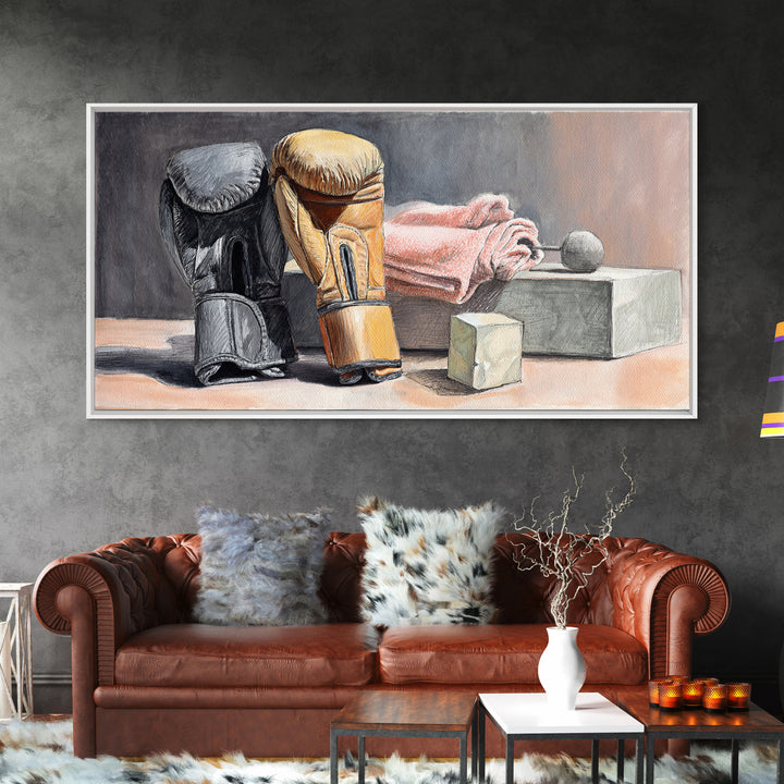 Boxing Glove and Towel Still Life Framed Canvas Print, Gym Art, Living Room Decor, Gym Decor, Oil Painting, Strength, GYM-2x1-60