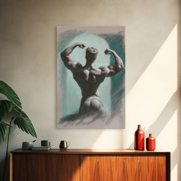 Bodybuilder Pose Rendered Framed Canvas Print, Gym Art, Living Room Decor, Gym Decor, Oil Painting, Strength, Sports Poster, GYM-2x3-12