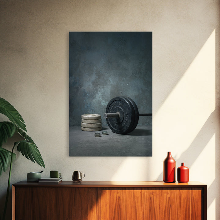 Barbell and Plates Framed Canvas Print, Gym Art, Printable Wall Art, Gym Decor, Fine Art, Strength, Sports Decor, Cool Posters, GYM-2x3-34