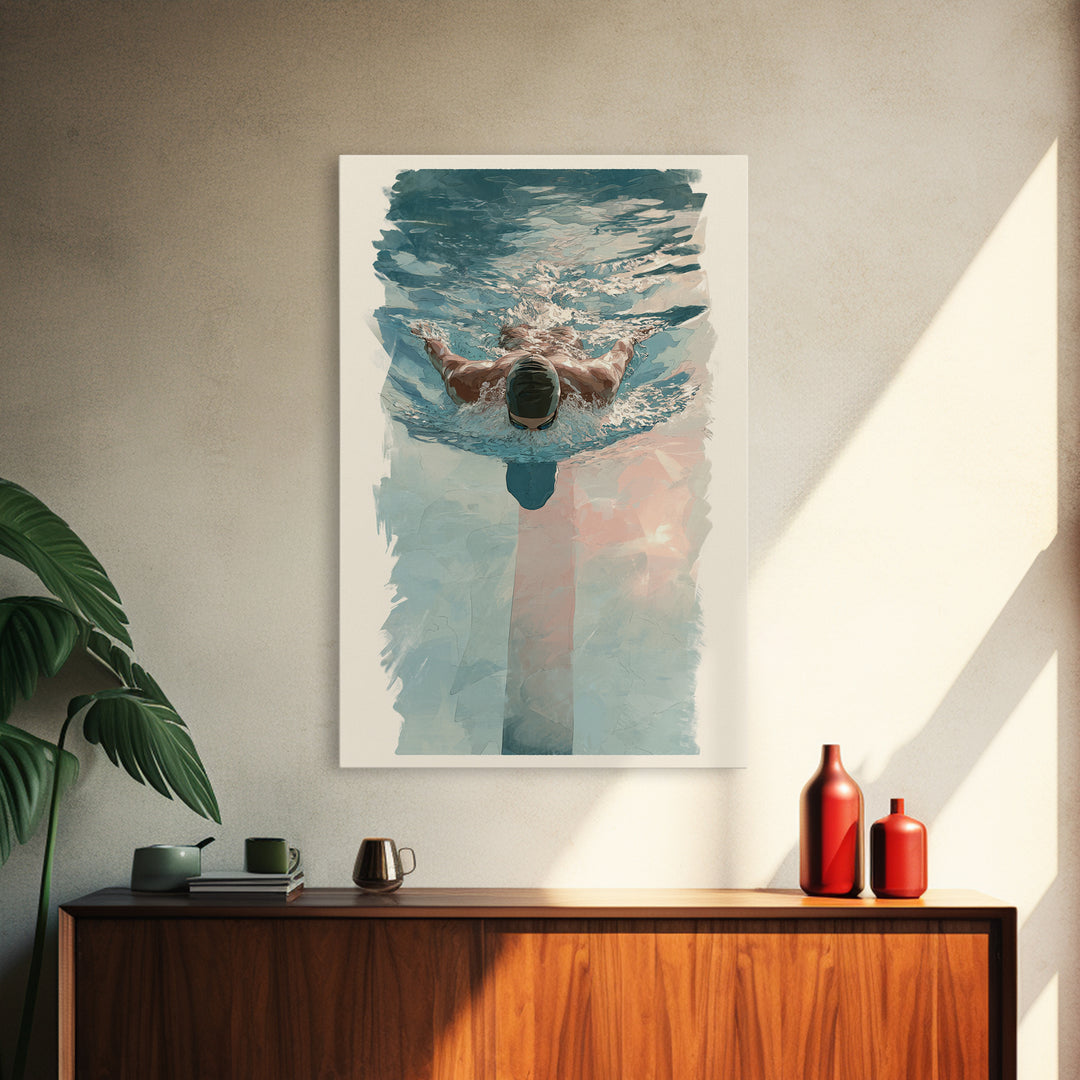 Swimmer Cutting Through Blue Water Framed Canvas Print, Gym Art, Living Room Decor, Gym Decor, Oil Painting, Strength, GYM-2x3-51
