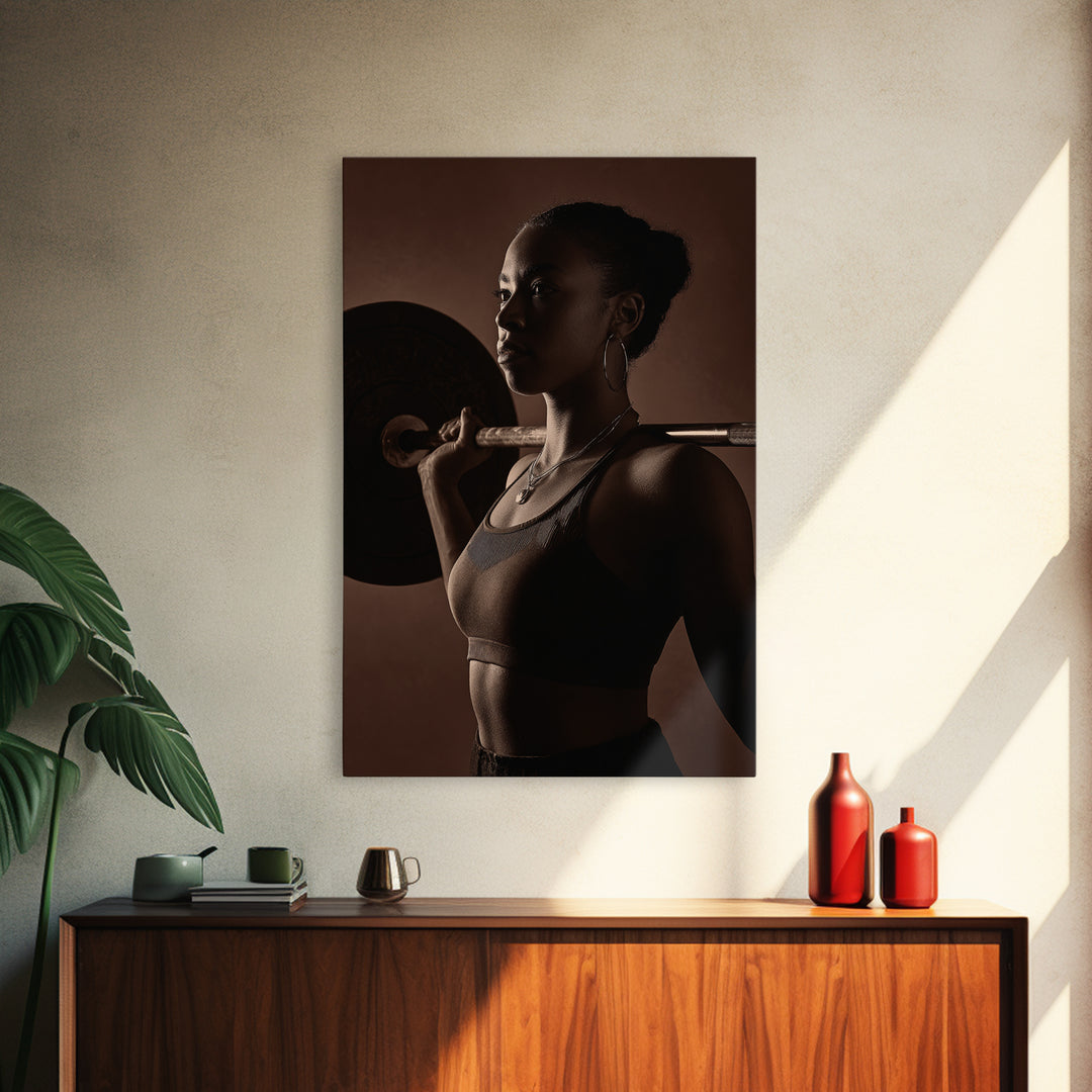 Barbell and Plates Canvas Print, Gym Art, Black Girl Wall Art, Gym Decor, Fine Art, Strength, Gym Sign, Motivational Art, GYM-2x3-58