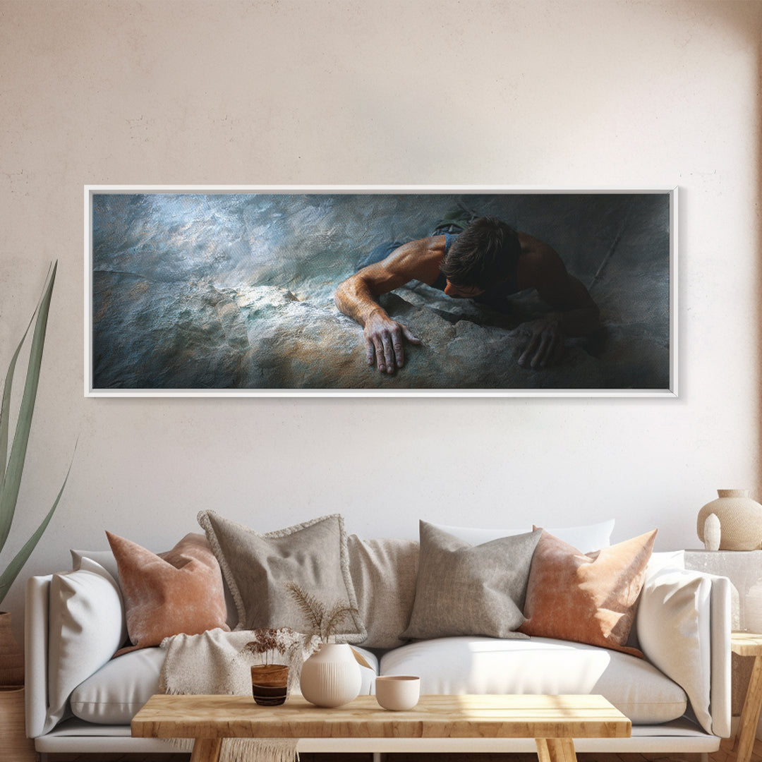 Rock Climber Reaching a Glowing Hold Framed Canvas Print, Gym Art, Bar Art, Gym Decor, Strength, Gym Sign, Motivational Art, GYM-3x1-2