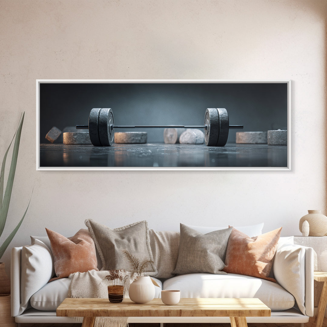 Barbell and Plates Framed Canvas Print, Gym Art, Gym Decor, Fine Art, Strength, Luxury Decor, Art Print, Room Decor, GYM-3x1-90