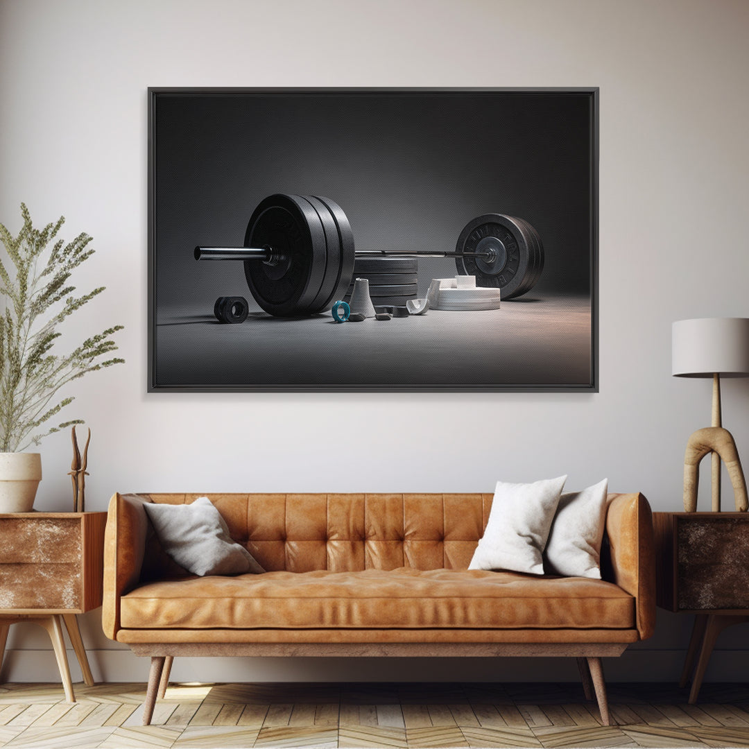 Barbell and Plates Framed Canvas Print, Gym Art, Wall Decoration, Gym Decor, Fine Art, Strength, Speakeasy Art, Home Gym Sign, GYM-3x2-6