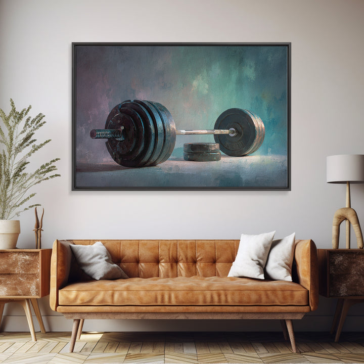 Barbell and Plates Framed Canvas Print, Gym Art, Framed Canvas, Gym Decor, Fine Art, Strength, Textured Painting, GYM-3x2-78