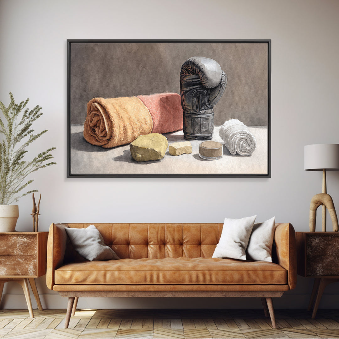 Boxing Glove and Towel Still Life Framed Canvas Print, Gym Art, Print, Gym Decor, Fine Art, Strength, Wall Decoration, GYM-3x2-92