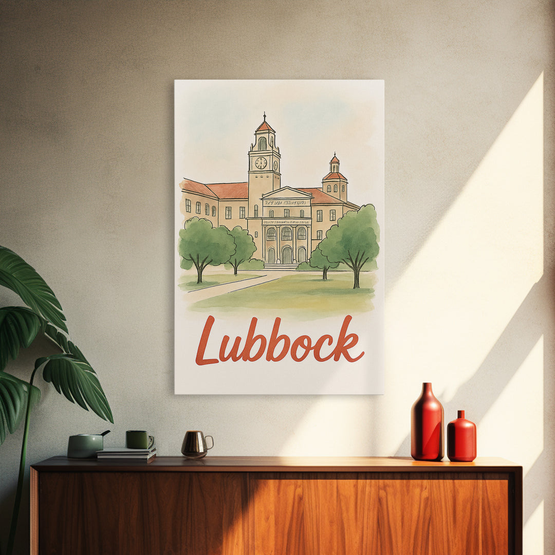 Lubbock Texas Travel Poster, Canvas Print, Watercolor City Skyline Art, Lubbock Art Print, Travel Poster Art, Home Office Decor, Wall Art