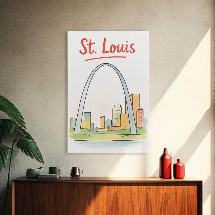 St Louis Travel Poster, Canvas Print, Hand Drawn Watercolor Art, St Louis Travel Art, Gift For Travelers, Retro Travel Print, Design 2